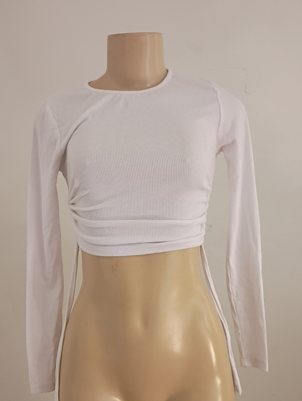 Ribbed White Long-Sleeve Side Tie Crop Top